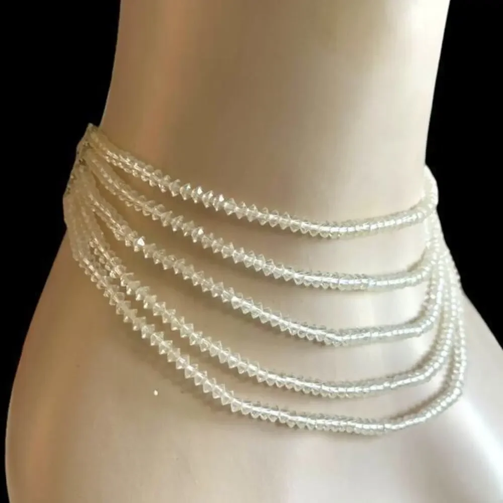 Clear Rock Crystal Czech Glass 5 Strand Beaded Bib Necklace 17” Vintage 1940’s